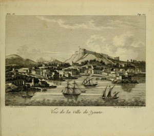 Ζάκυνθος, Άποψη της χώρας, τέλη 18ου αι, από το έργο του André Grasset Saint-Sauveur, Voyage historique, vol. III, Paris 1820 
