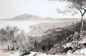 Edward Lear, Άποψη της Ζακύνθου και στο βάθος του Σκοπού, ακουαρέλα, γύρω στο 1863.  